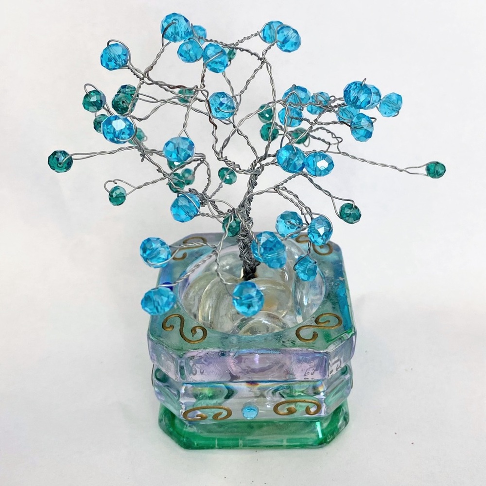 Hand Crafted Blue Crystal Beaded Tree with decorative glass vase